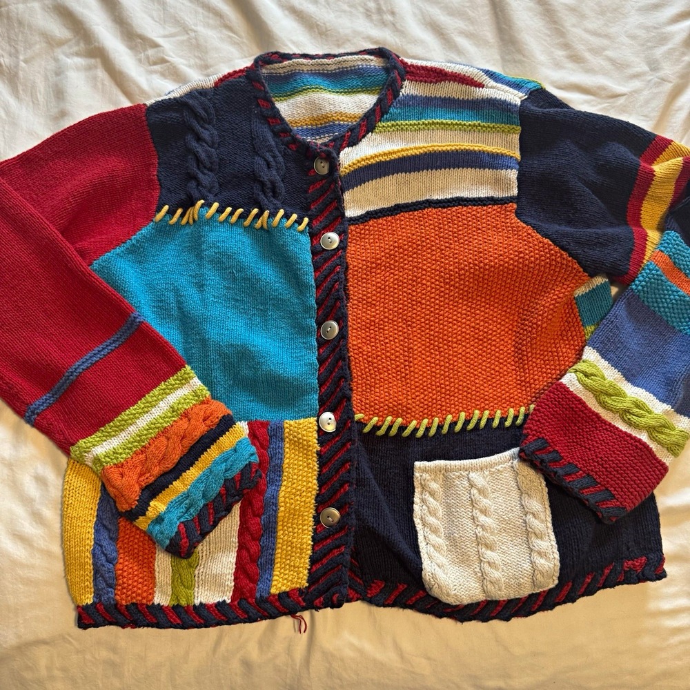 Susan Bristol Womens L Multicolor Striped Knit Button Front Cardigan Pockets